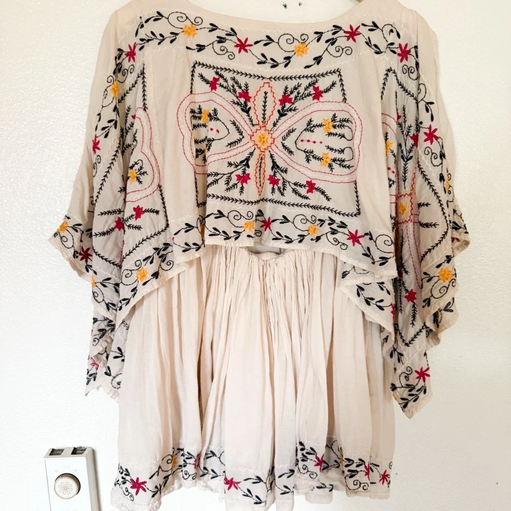 Free People Frida Embroidered Boho Mini Dress Cream XS Festival Peasant - Picture 4 of 13